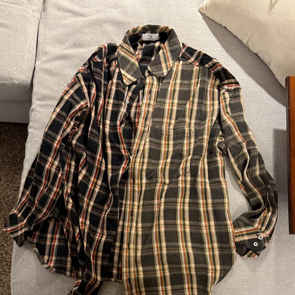 Plaid Button-Up Shirt - Black and Tan